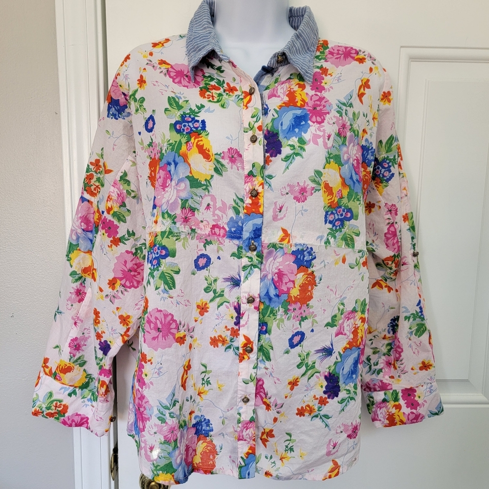 Pearls By Aratta Journey Shirt Button Front Flamingo Embroidered Floral - Medium